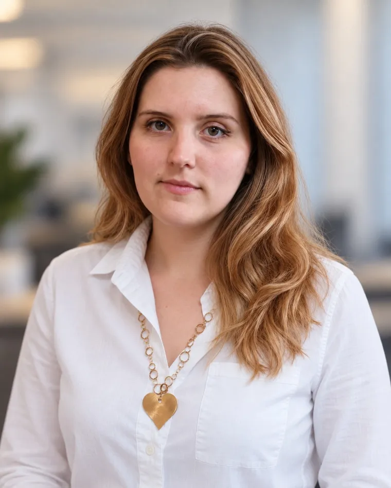 Retrato de Camila Alvear, con camisa blanca, en una oficina